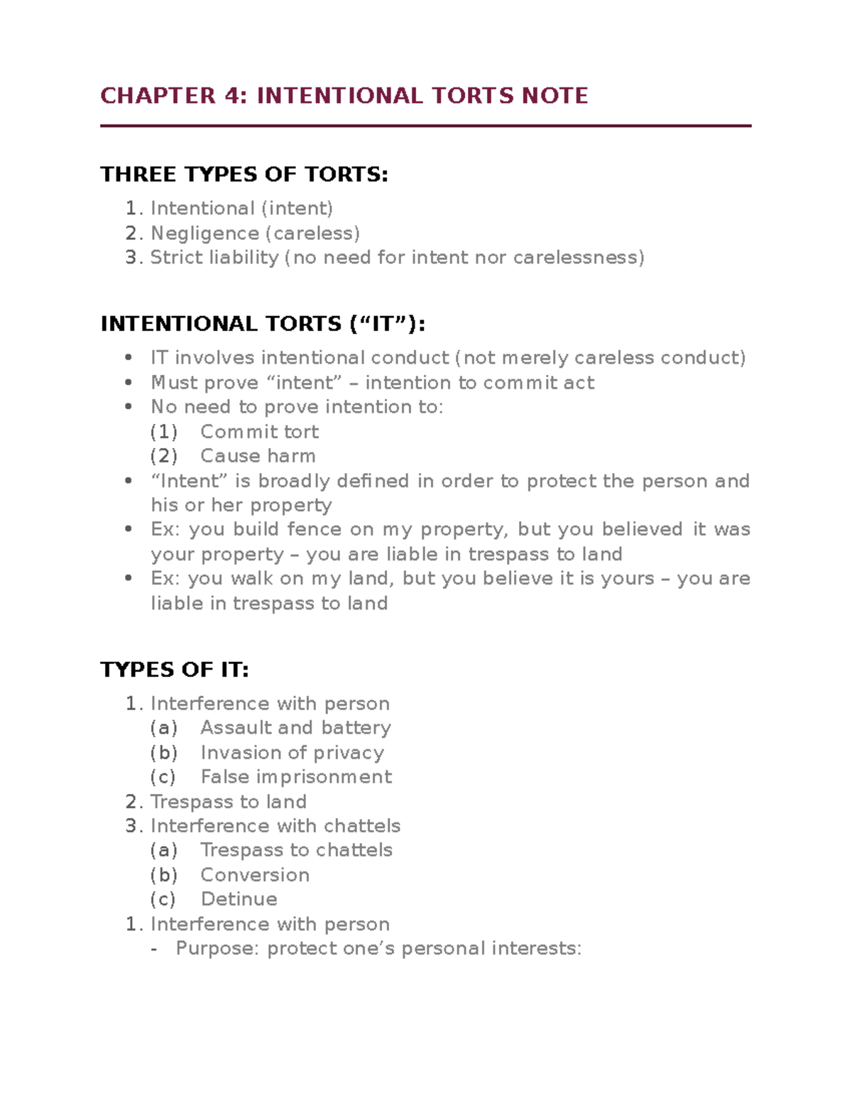 Chapter 4 - Intentional Torts Note textbook - CHAPTER 4: INTENTIONAL ...