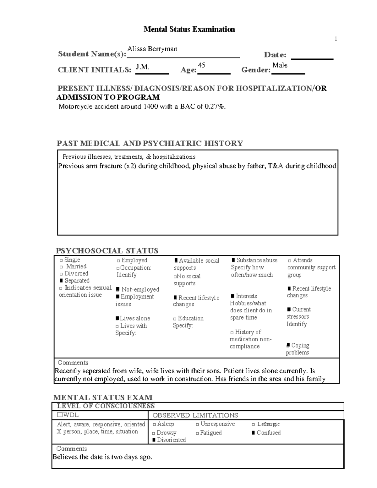 Mental Staus Examination - Turn In - Mental Status Examination 1 ...