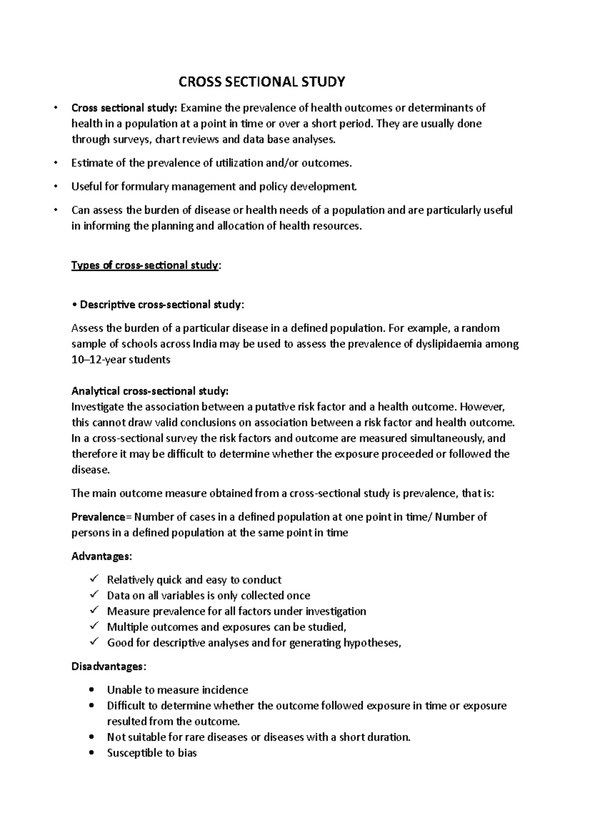 Cross Sectional Study - short notes - CROSS SECTIONAL STUDY Cross ...