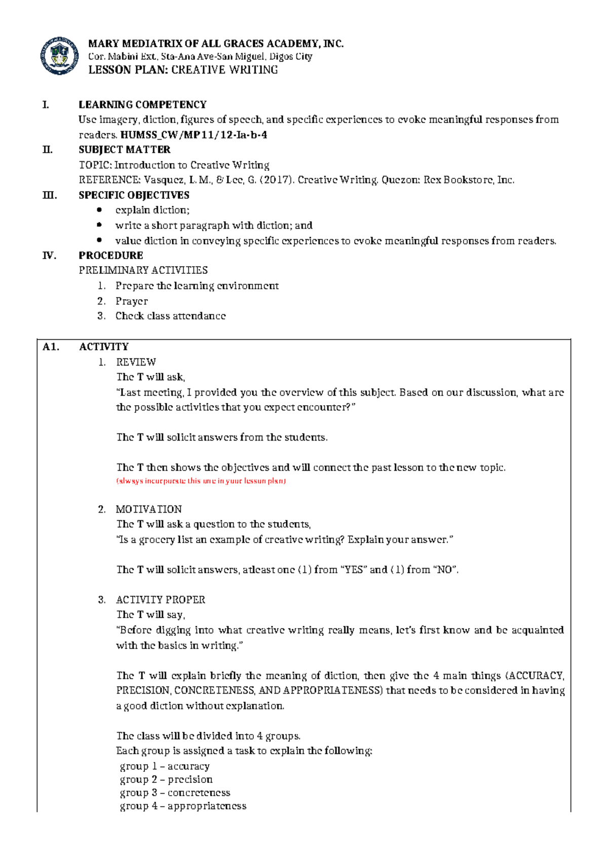 MMA-LP- Format - LESSON PLAN - MARY MEDIATRIX OF ALL GRACES ACADEMY ...