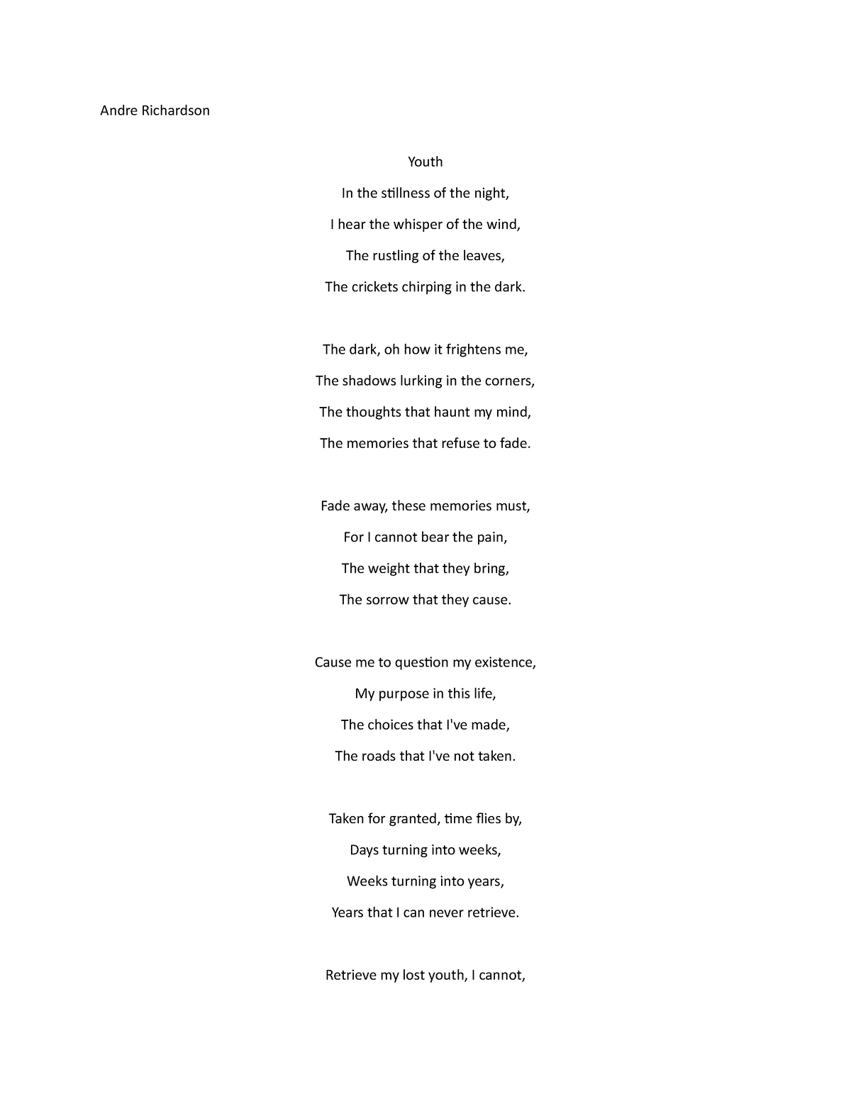 Youth Poem - A page long poem - Andre Richardson Youth In the stillness ...