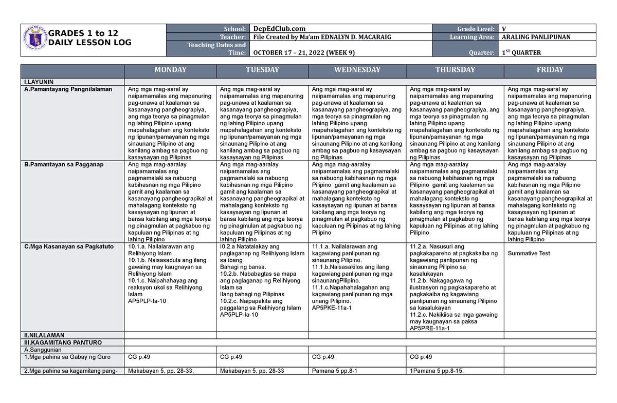 DLL Araling Panlipunan 5 Q1 W9 - GRADES 1 To 12 DAILY LESSON LOG School ...