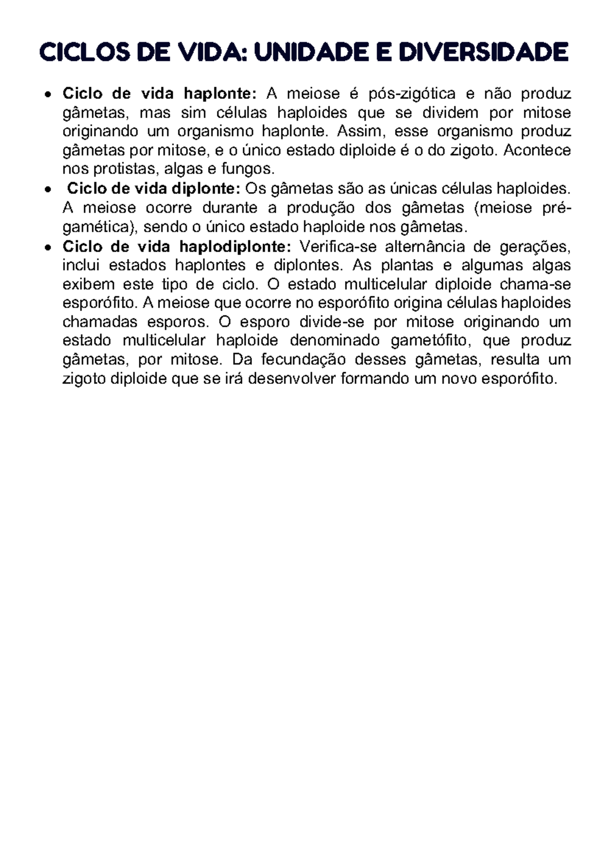 Ciclos de vida - Top - CICLOS DE VIDA: UNIDADE E DIVERSIDADE Ciclo de ...