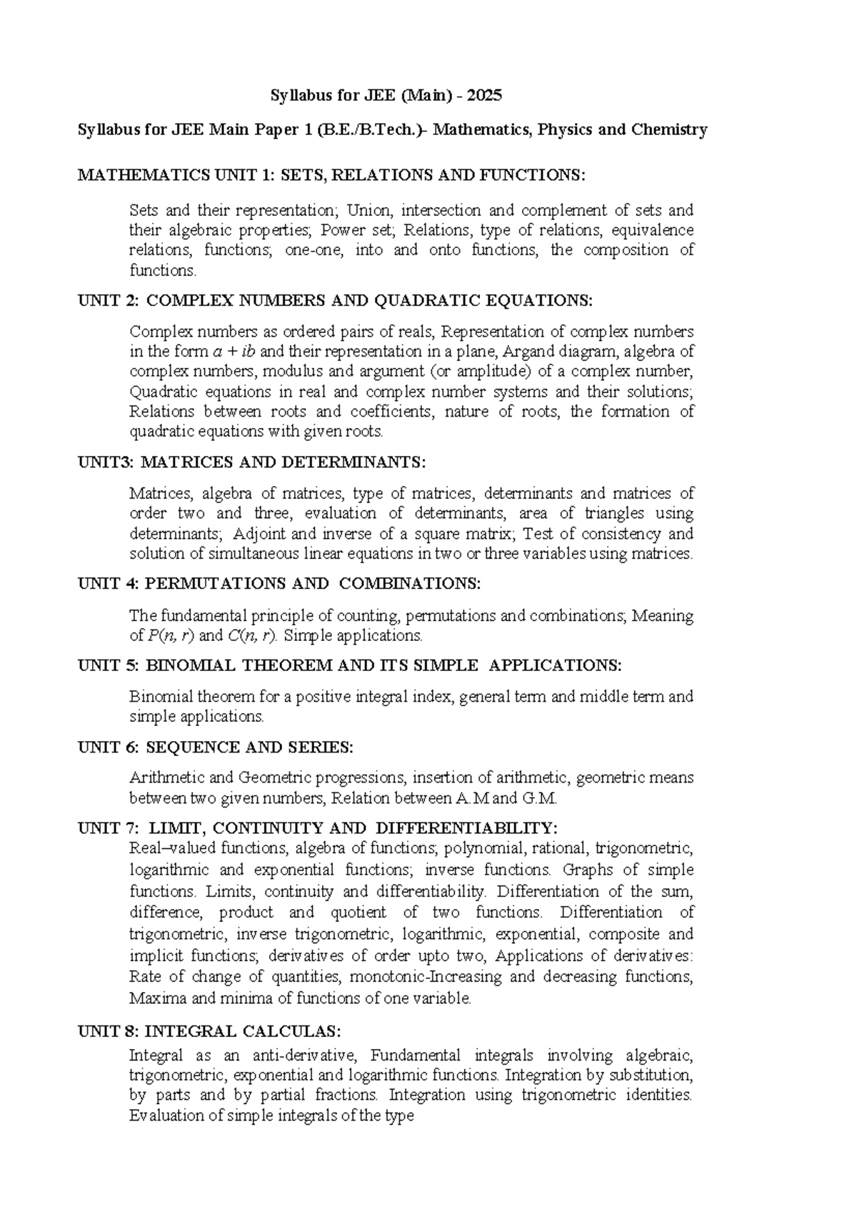 NTA Jeemain New Syllabus 2025 Syllabus for JEE (Main) 2025 Syllabus