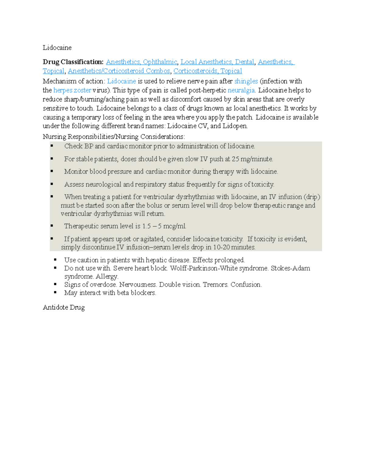 Lidocaine - DRUG STUDY - Lidocaine Drug Classification: Anesthetics ...