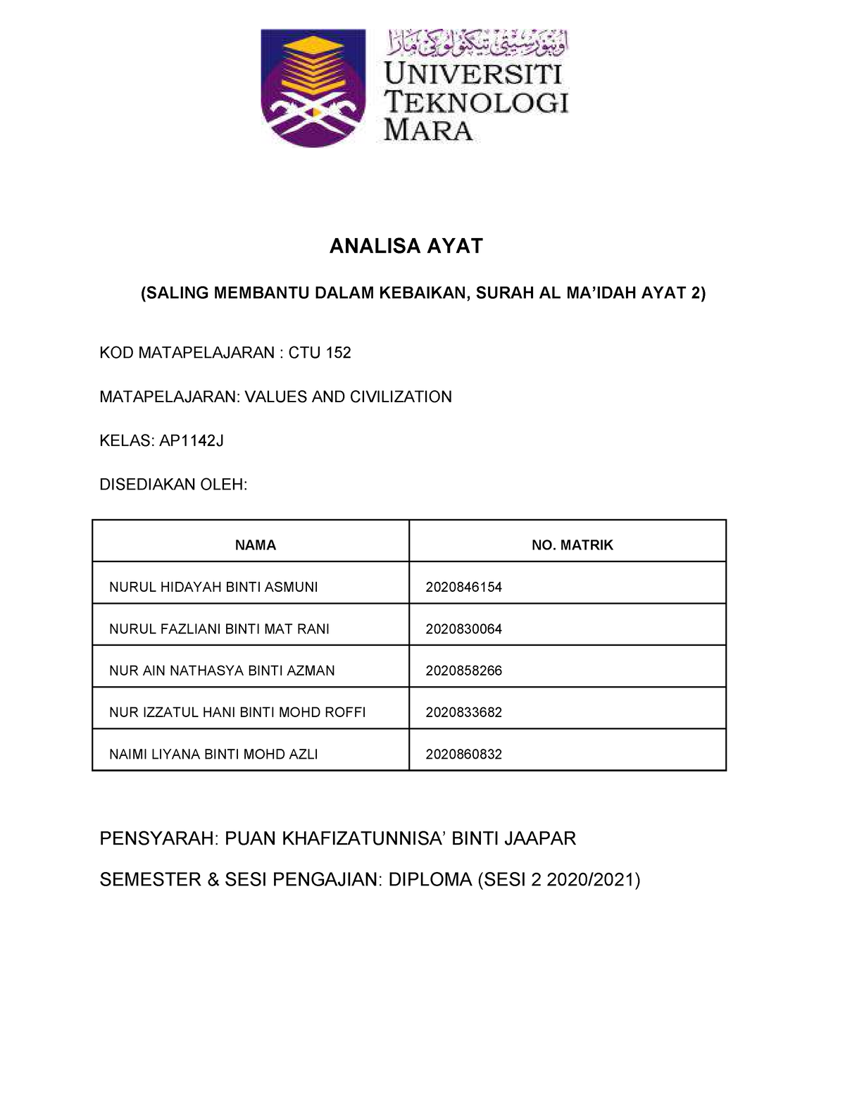 Analisa AYAT CTU 152 - Tugasan Secara Berkumpulan - ANALISA AYAT ...