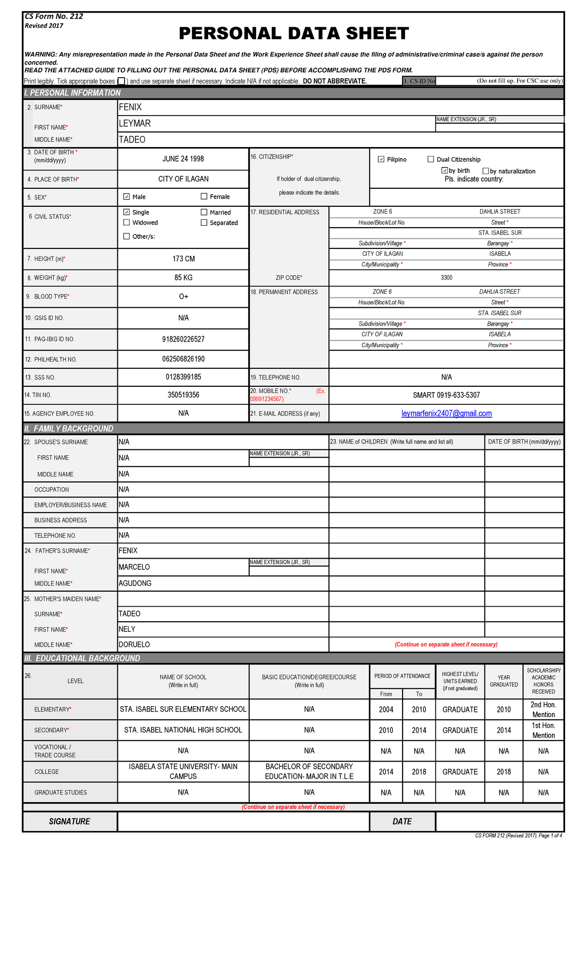 PDS Teacher, Fenix Leymar T - Print legibly. Tick appropriate boxes ...