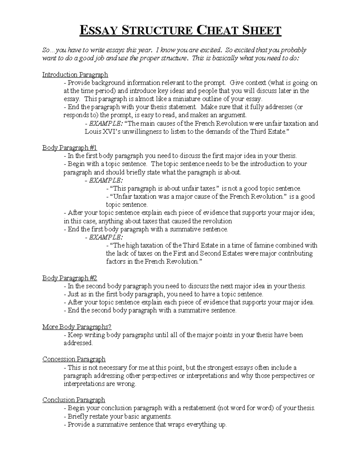 MWH Essay Structure Cheat Sheet - ESSAY STRUCTURE CHEAT SHEET So.. have ...