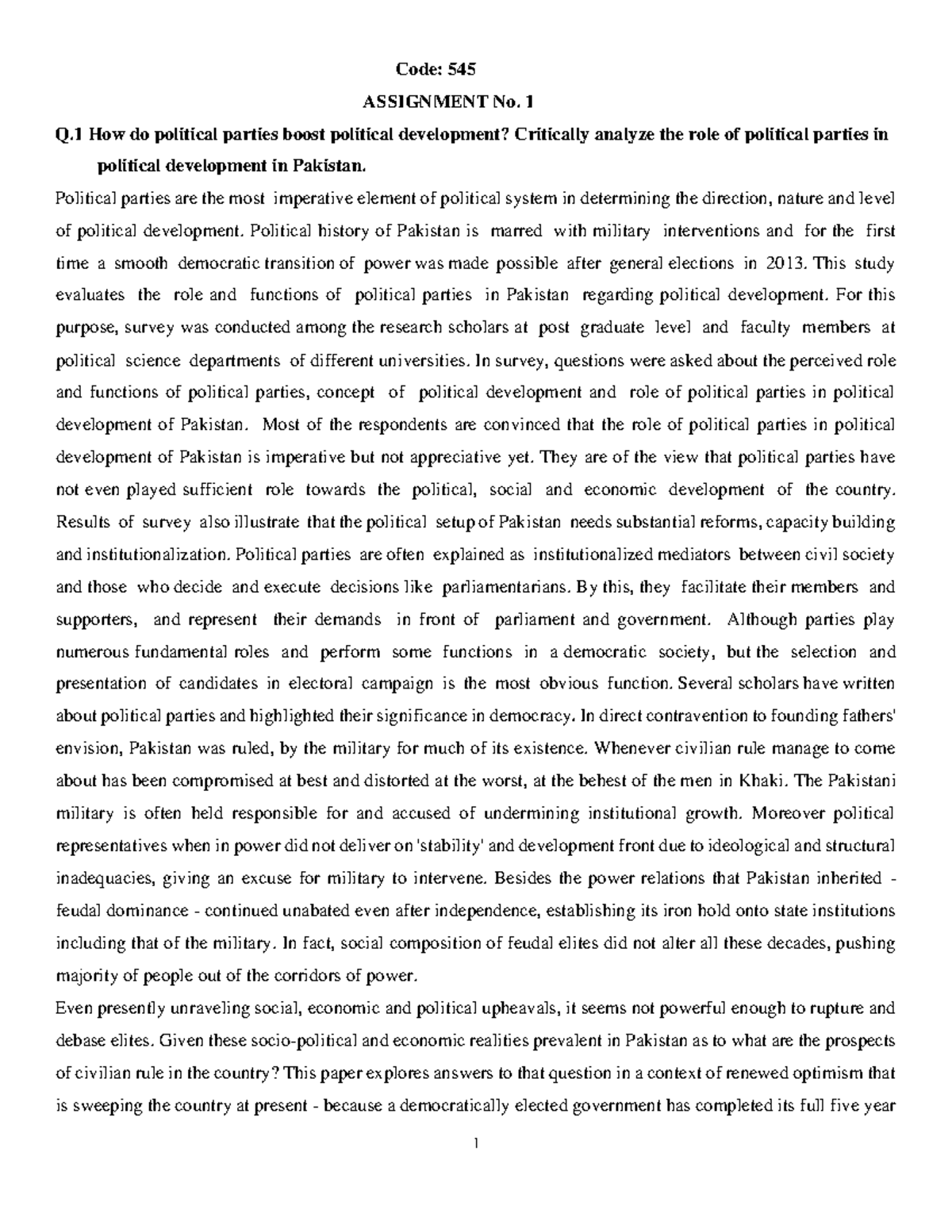 545 - Notes - Code: 545 ASSIGNMENT No. 1 Q How do political parties ...