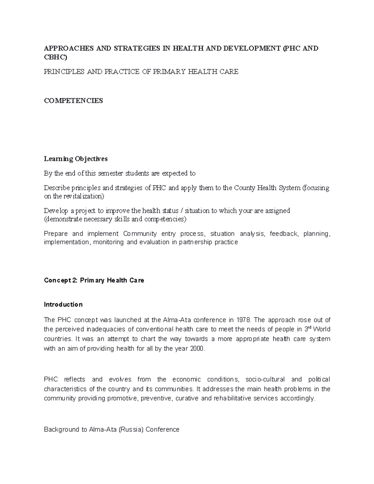 PHC Notes - Approaches, CBHC, Partnership - APPROACHES AND STRATEGIES ...