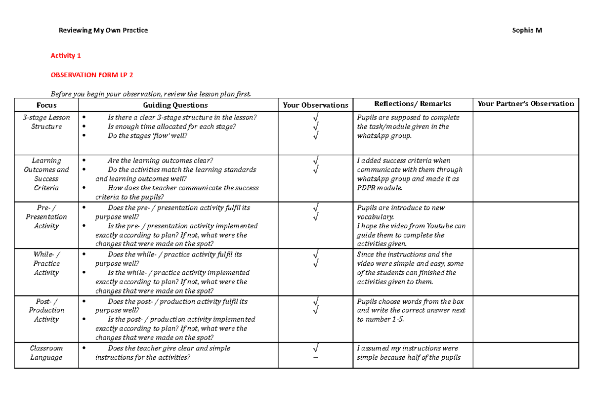 Activity 1 Observation Form Sophia LP 2 - Reviewing My Own Practice ...