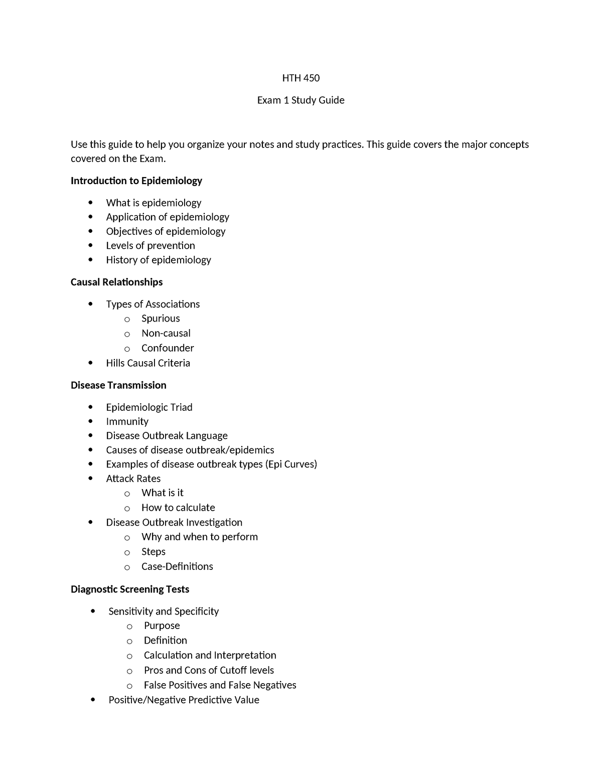 Exam 1 Study Guide Outline - HTH 450 Exam 1 Study Guide Use this guide ...