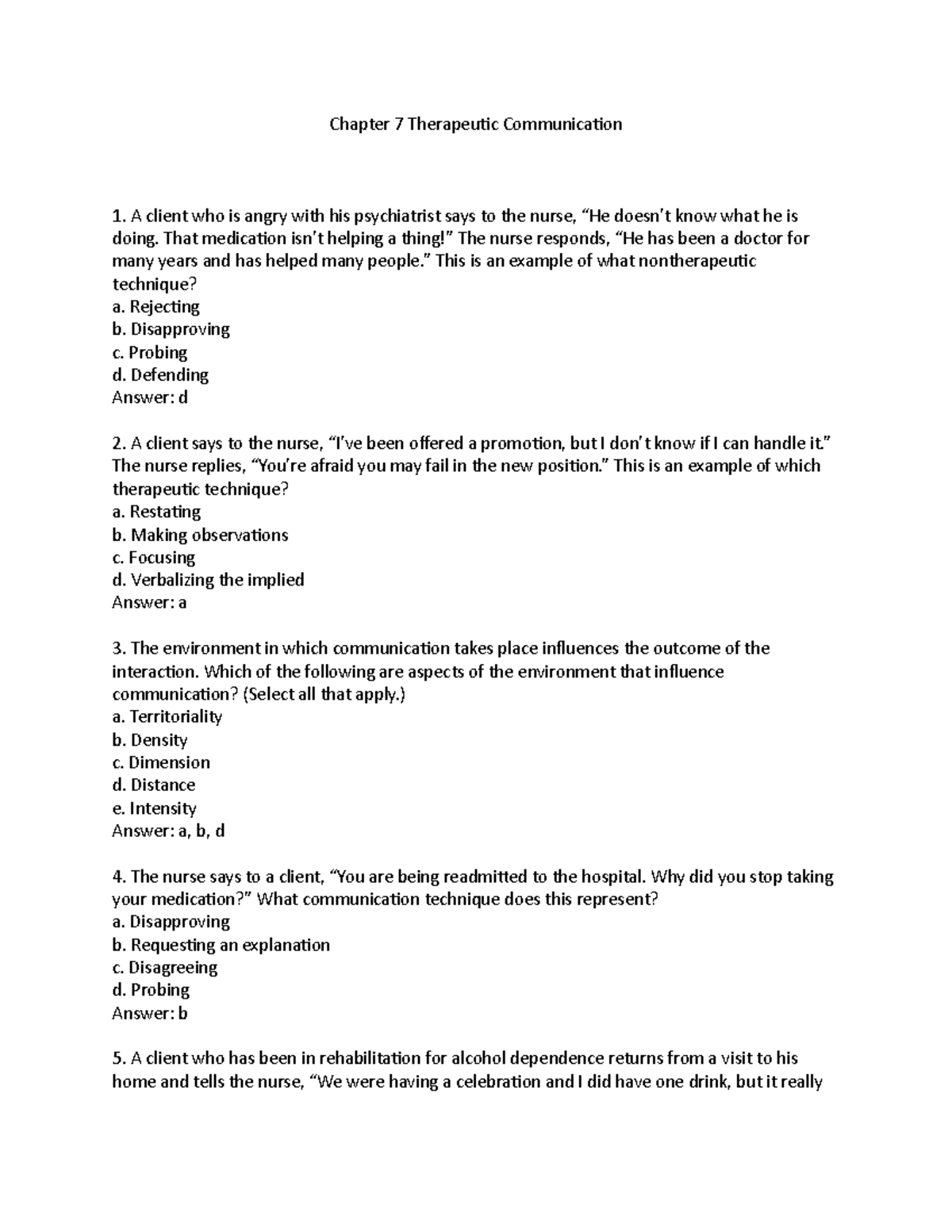 Chapter 7 Therapeutic Communication - Chapter 7 Therapeutic ...