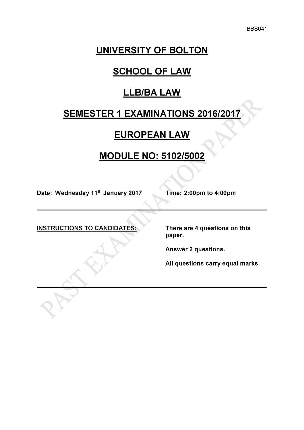 Exam 11 January 2017, Questions - BBS UNIVERSITY OF BOLTON SCHOOL OF ...