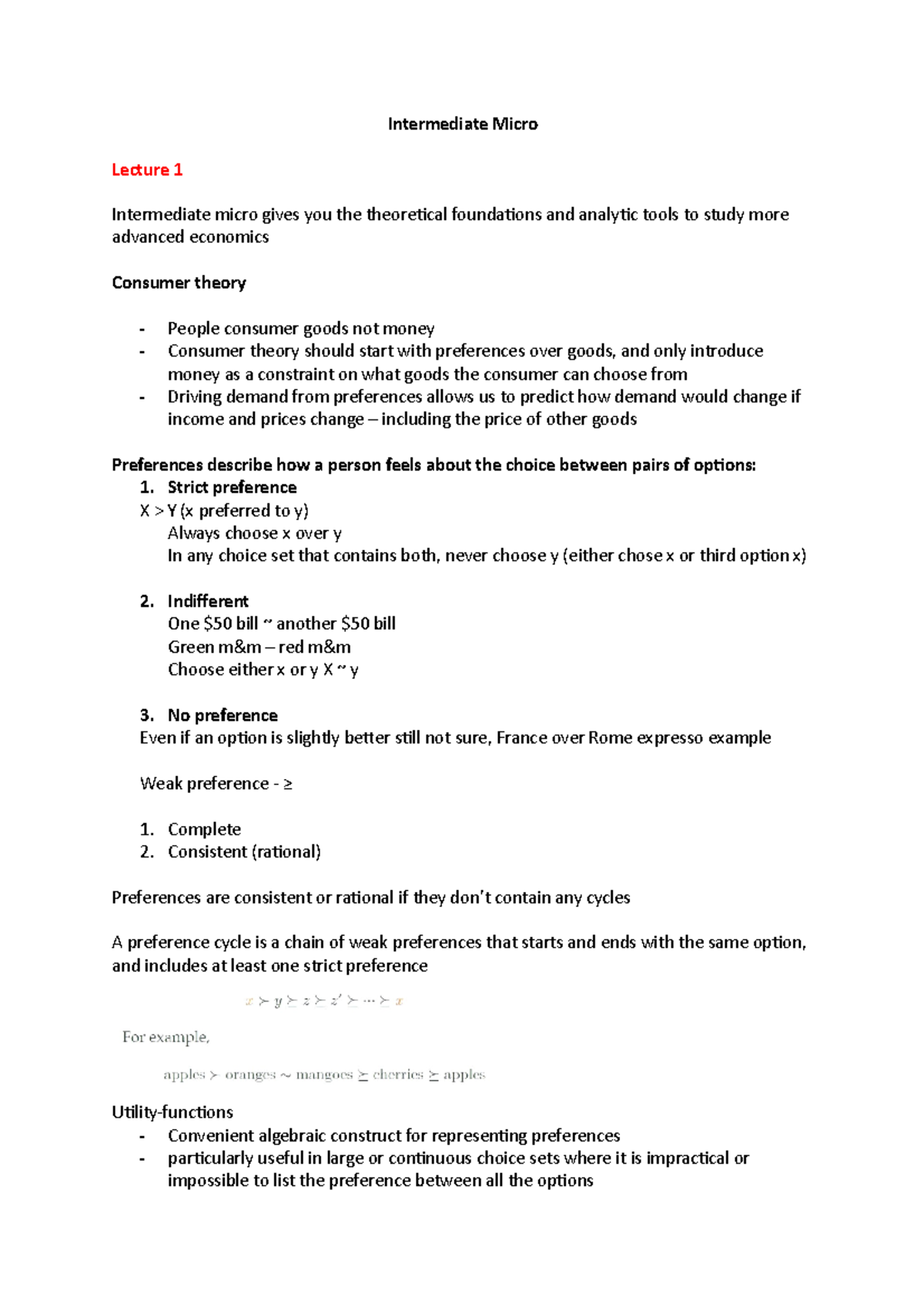 Intermediate Micro - notes - Intermediate Micro Lecture 1 Intermediate ...
