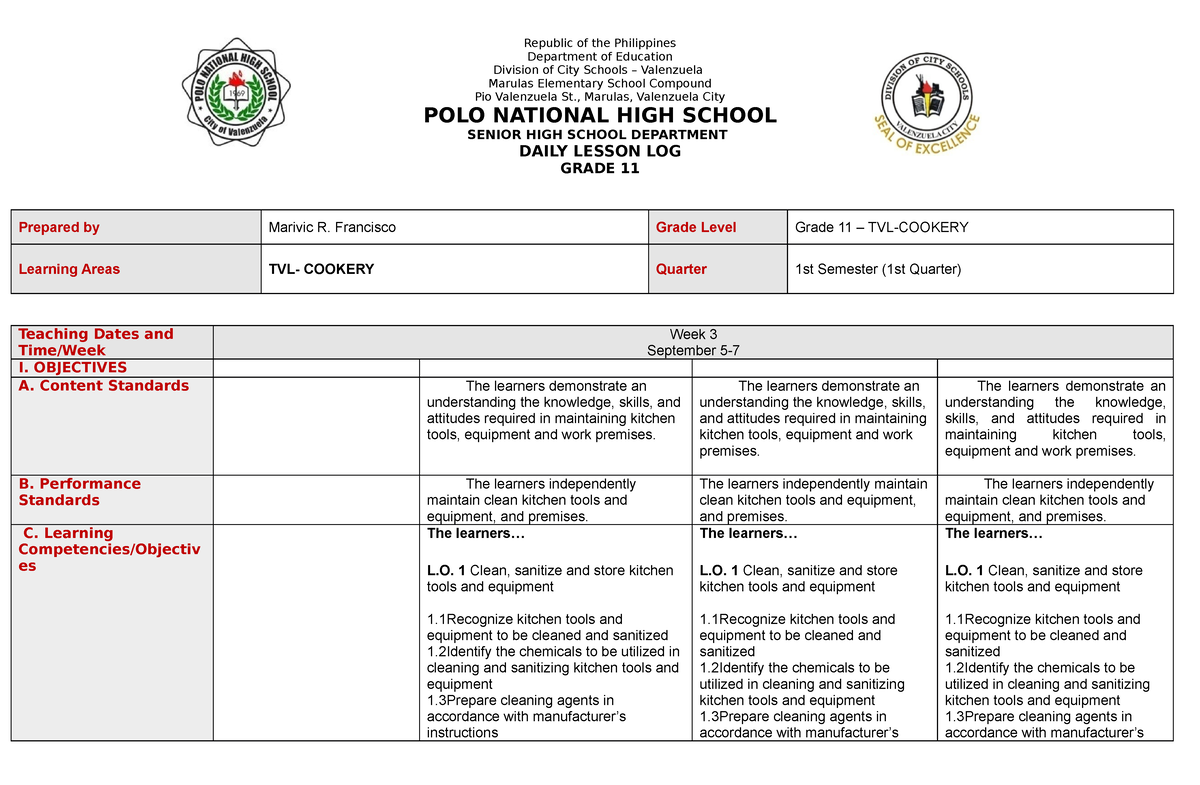 DLL- Cookery 11 WEEK 3 - Republic Of The Philippines Department Of ...