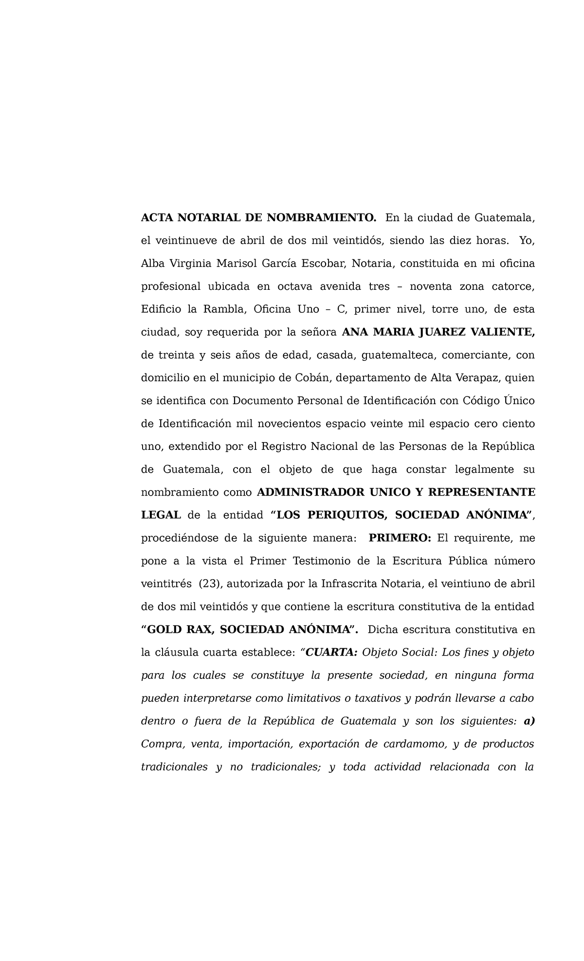 Minuta Acta Notarial De Nombramiento De Representante Legal Sociedad