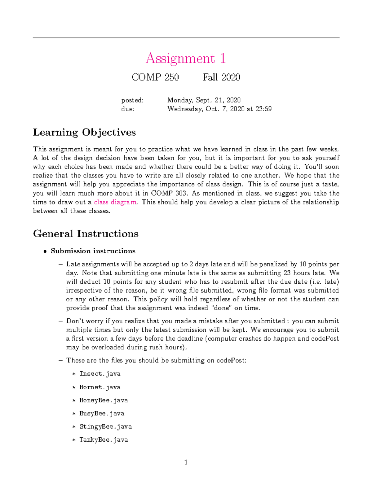 COMP250 Fall2020 Assignment 1 revised Sept 27 - Assignment 1 COMP 250 ...