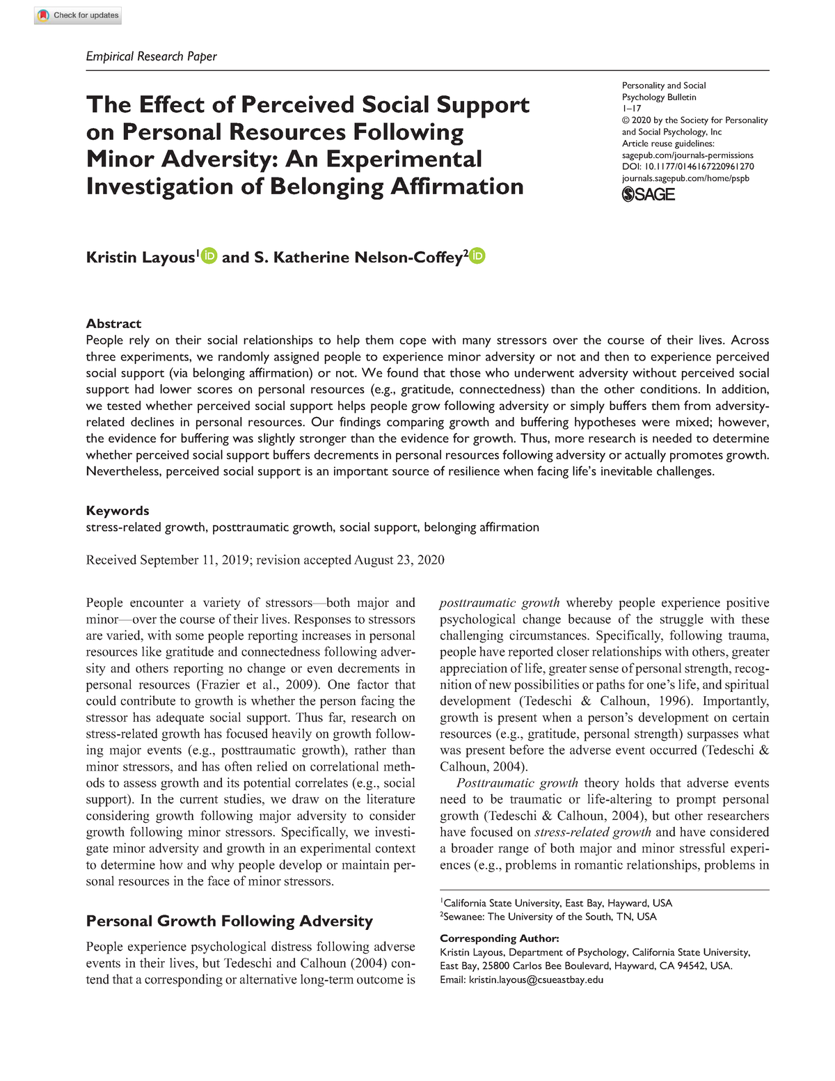 The Effect Of Perceived Social Support O - Doi/10.1177/ Personality And ...