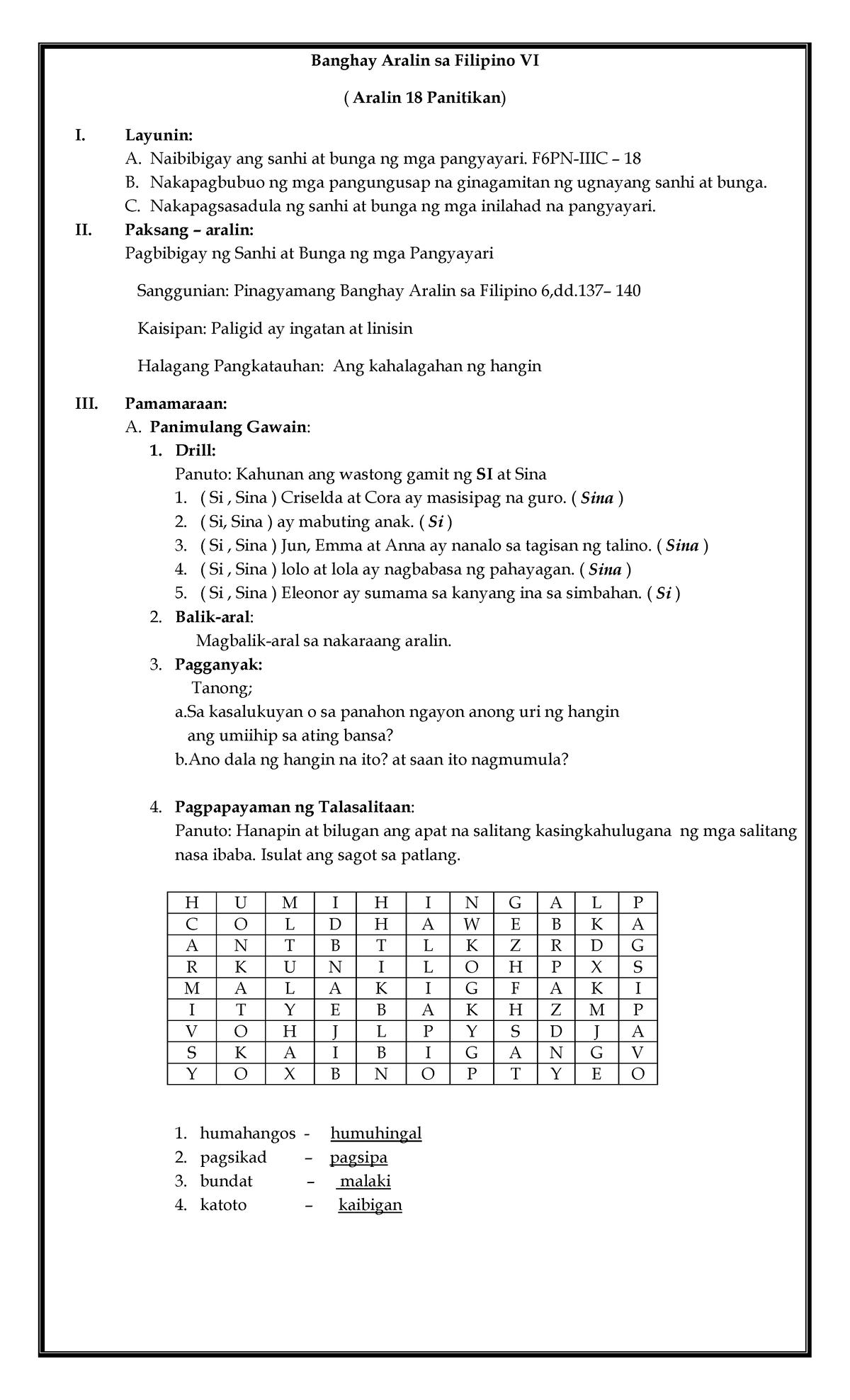 Banghay Aralin Filipino - BanghayAralinsa Filipino VI ( Aralin 18 ...