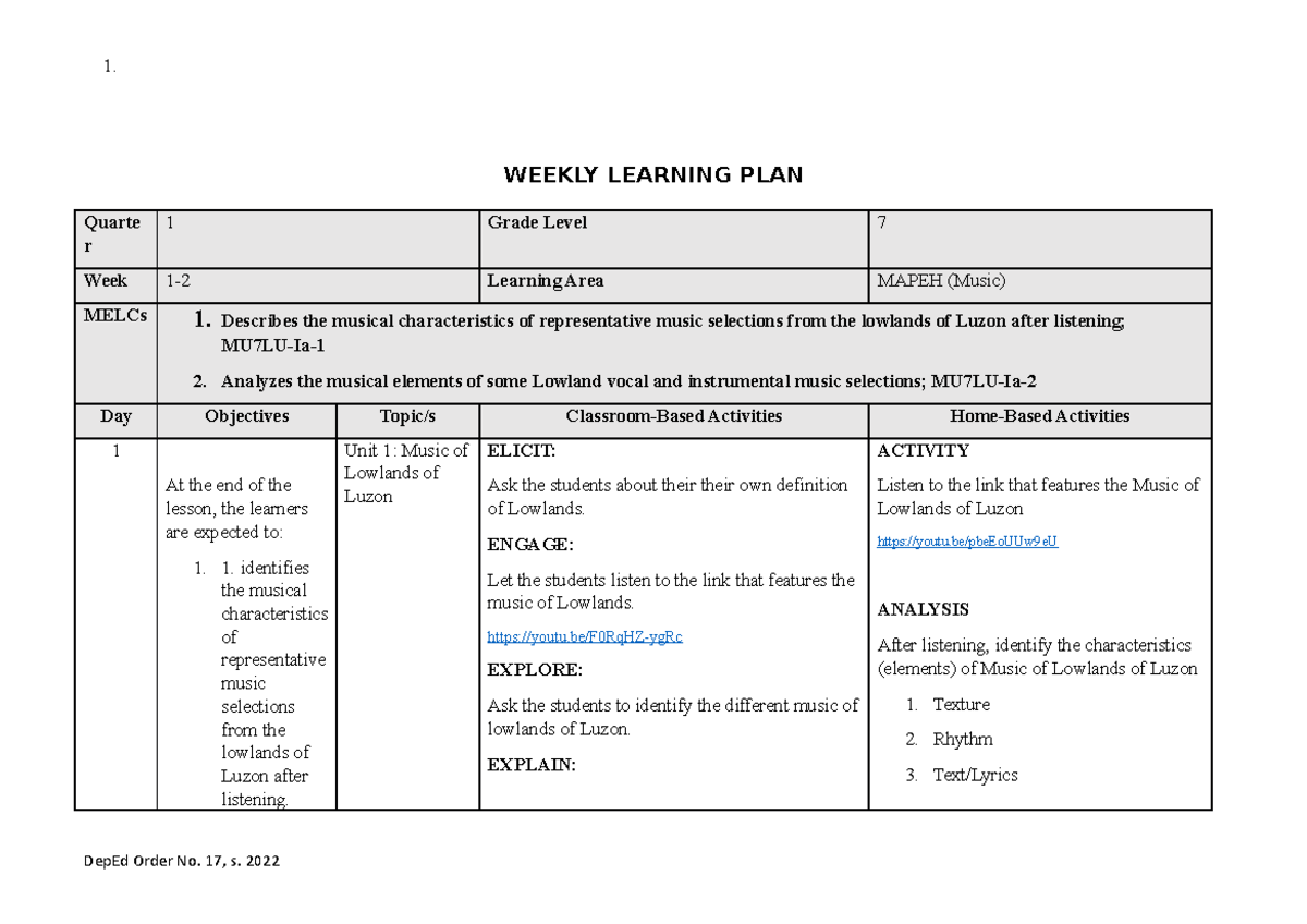 WLP Q1-G7- Music-WK1-2 - WEEKLY LEARNING PLAN Quarte r 1 Grade Level 7 ...
