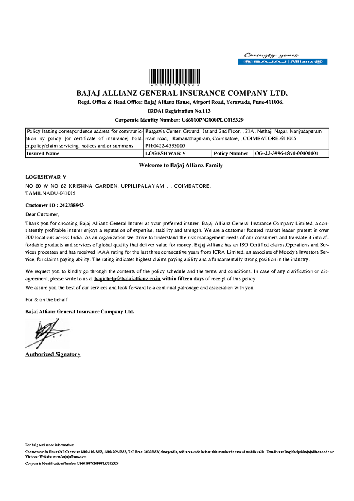 Loki i20 Policy BAJAJ ALLIANZ GENERAL INSURANCE COMPANY LTD. Regd