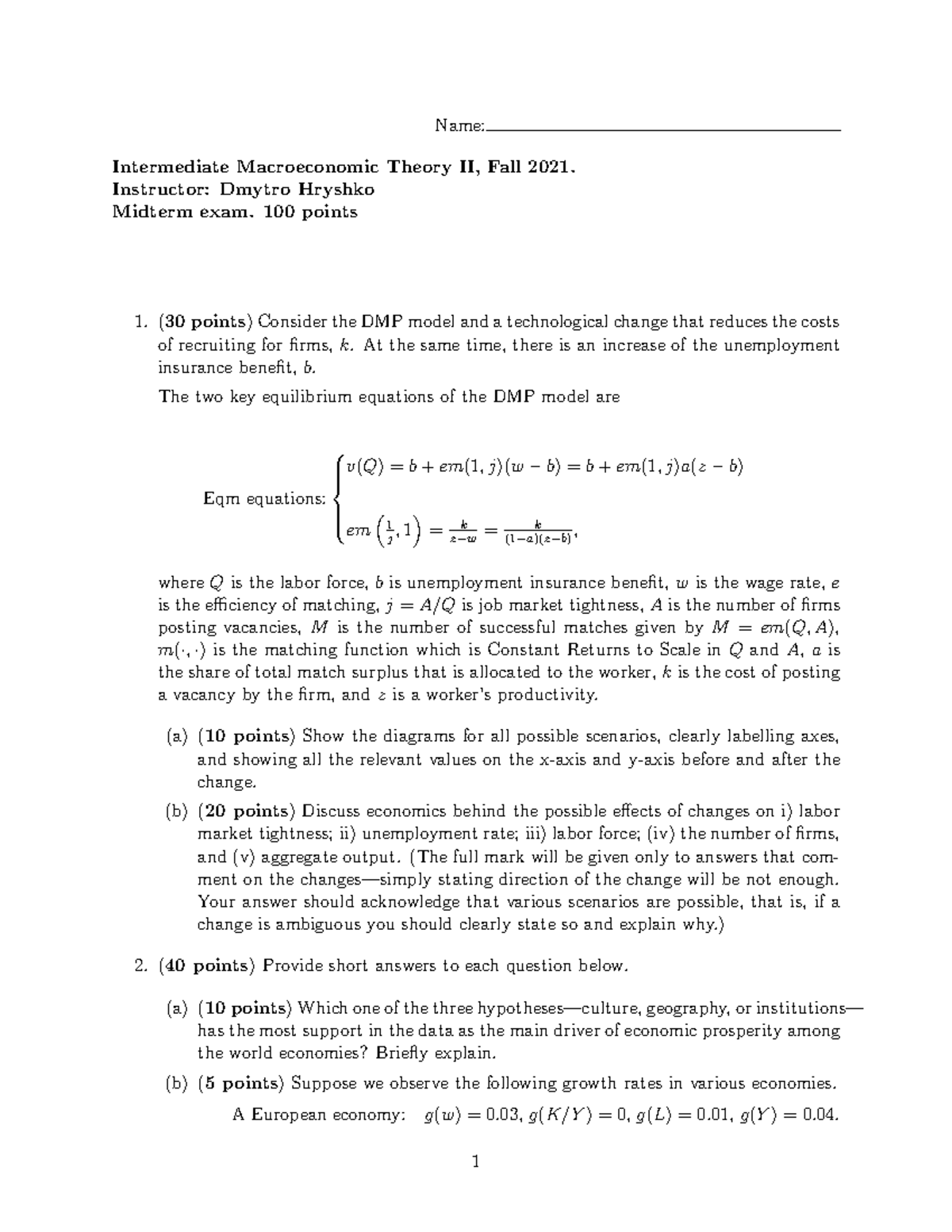 Midterm Exam Econ 385-Fall2021 - Name: Intermediate Macroeconomic ...