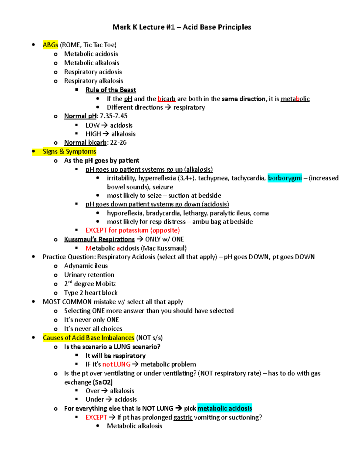 ABG Lecture Mark K - Mark K Lecture #1 – Acid Base Principles ABGs ...