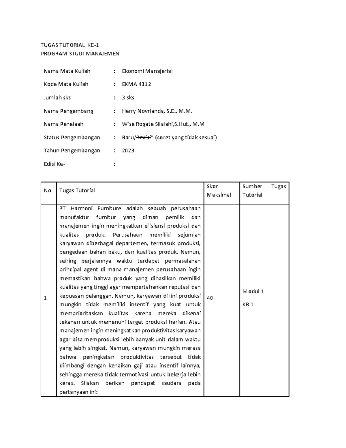 Tugas 1 Ekonomi Manajerial - TUGAS TUTORIAL KE- 1 PROGRAM STUDI ...