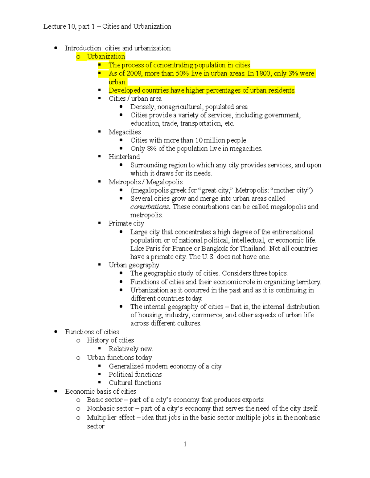 Lecture 10 part1 Cities and Urbanization outline - Lecture 10, part 1 ...