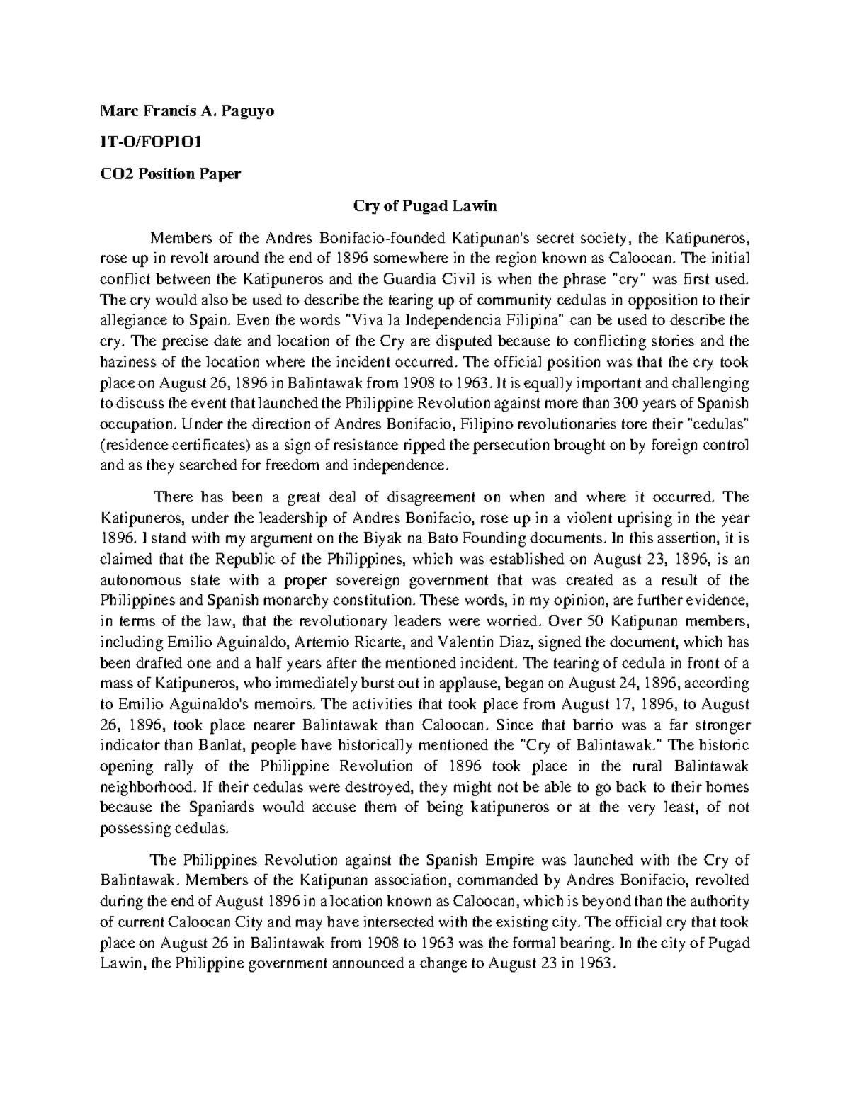CO2 Cry of Pugad Lawin - Marc Francis A. Paguyo IT-O/FOPIO CO2 Position ...
