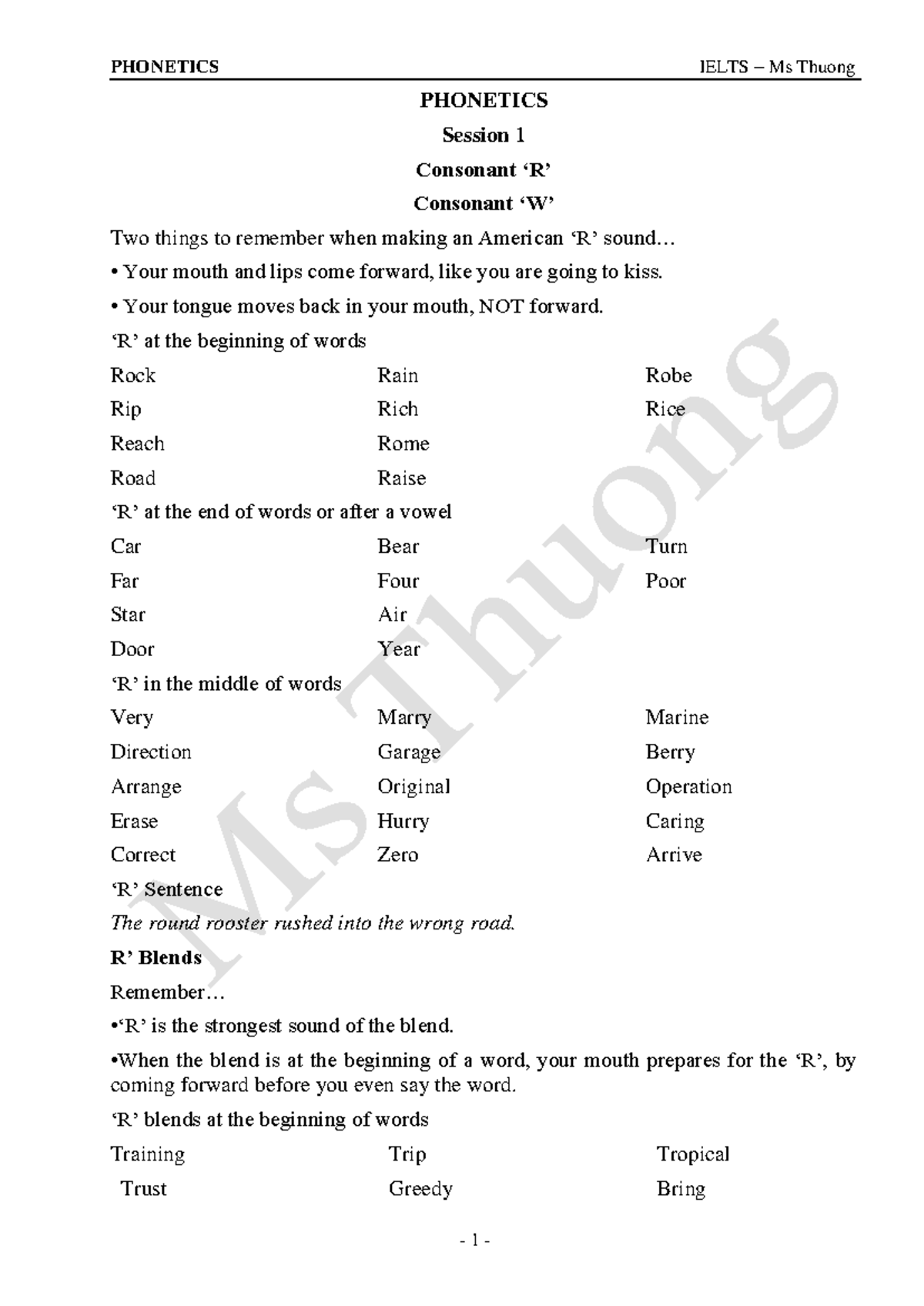 Phonetics - Good - PHONETICS Session 1 Consonant ‘R’ Consonant ‘W’ Two ...