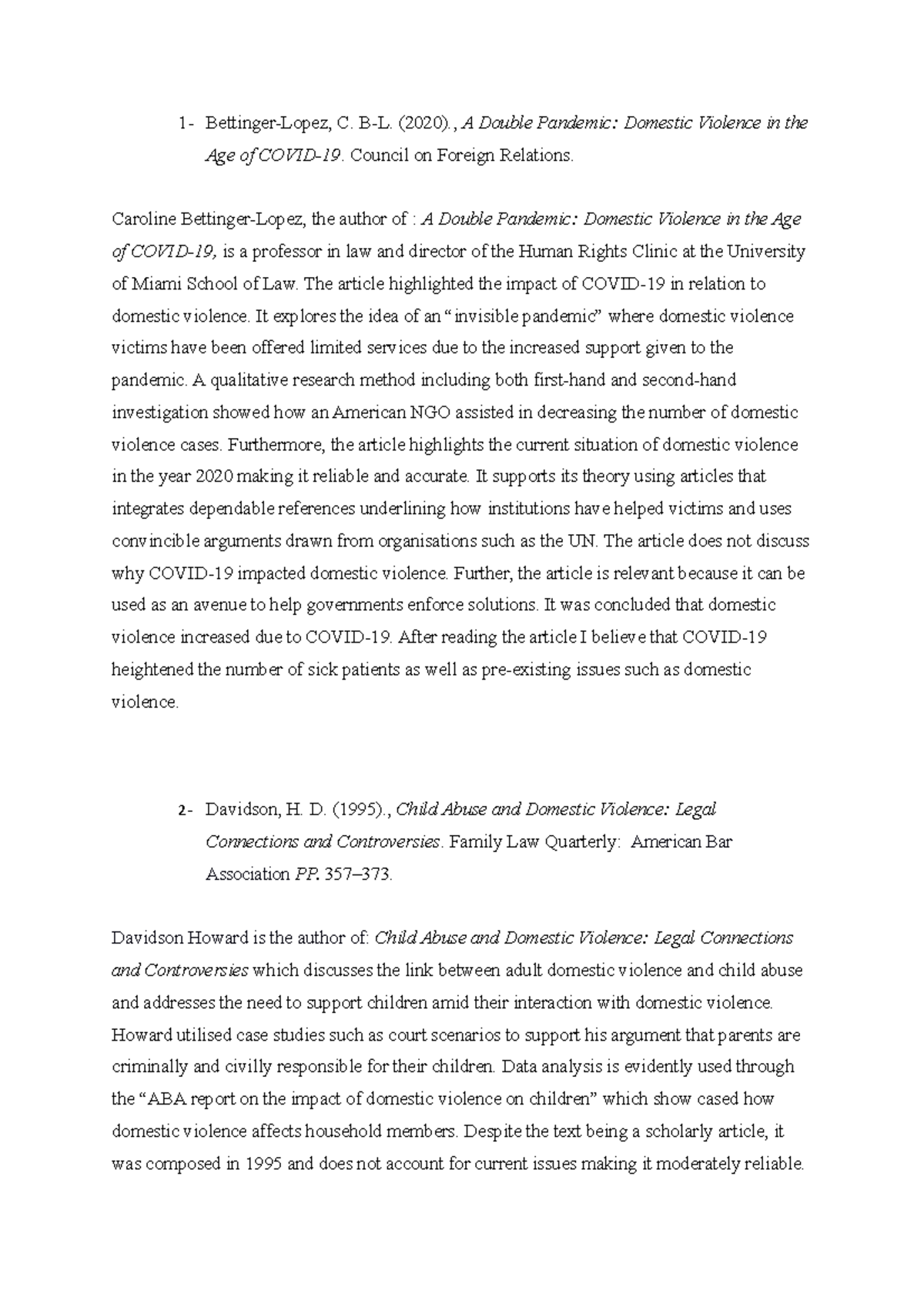 Annotated bibliography Assessment ONE FOR CRIM - 1- Bettinger-Lopez, C ...