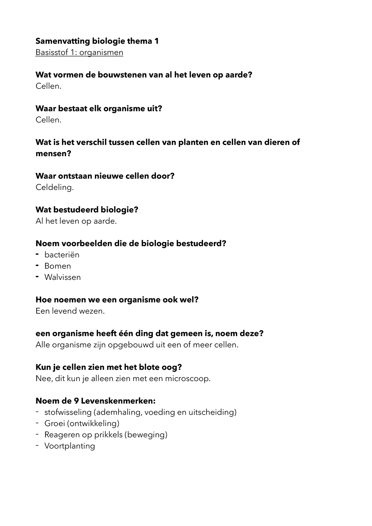 Sv Biologie Thema 1 Organen En Cellen 1,2,3 - Samenvatting Biologie ...