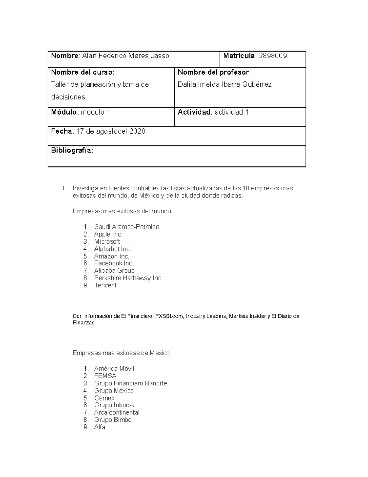 Actividad 1 Taller de planeación y toma de decisiones - Nombre : Alan ...