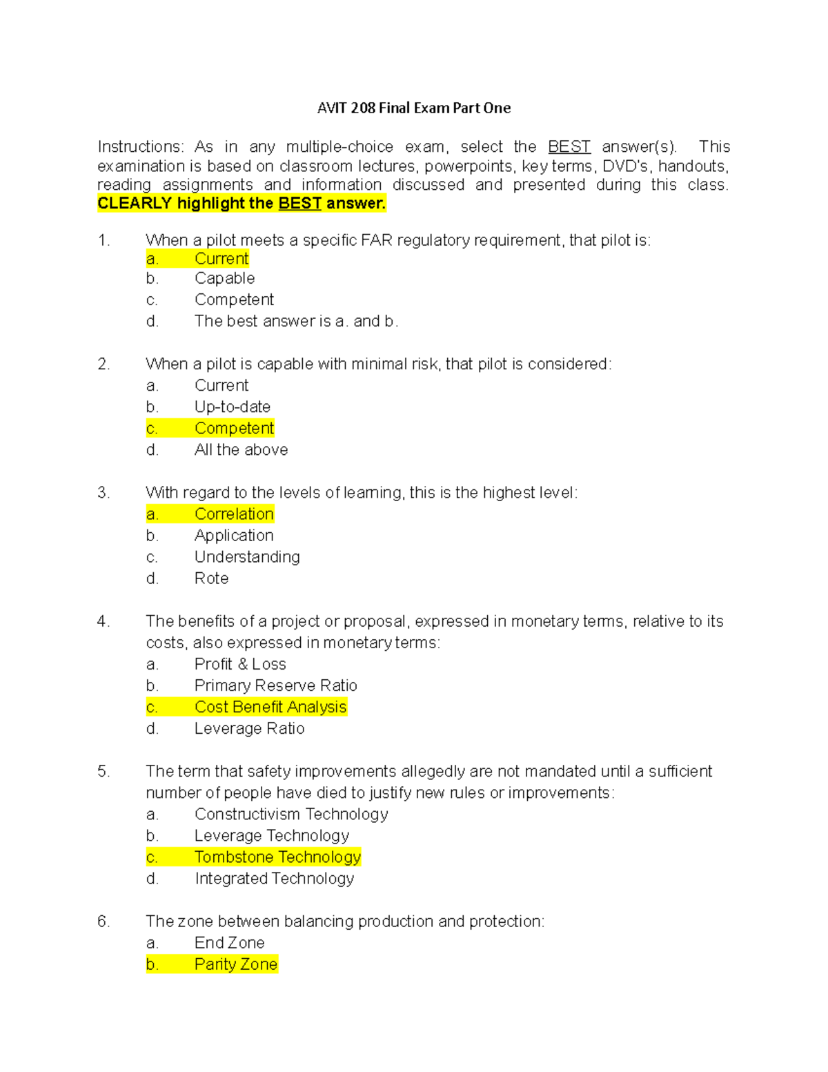 AVIT 208 Practice Final Exam Part One AVIT 208 Final Exam Part One