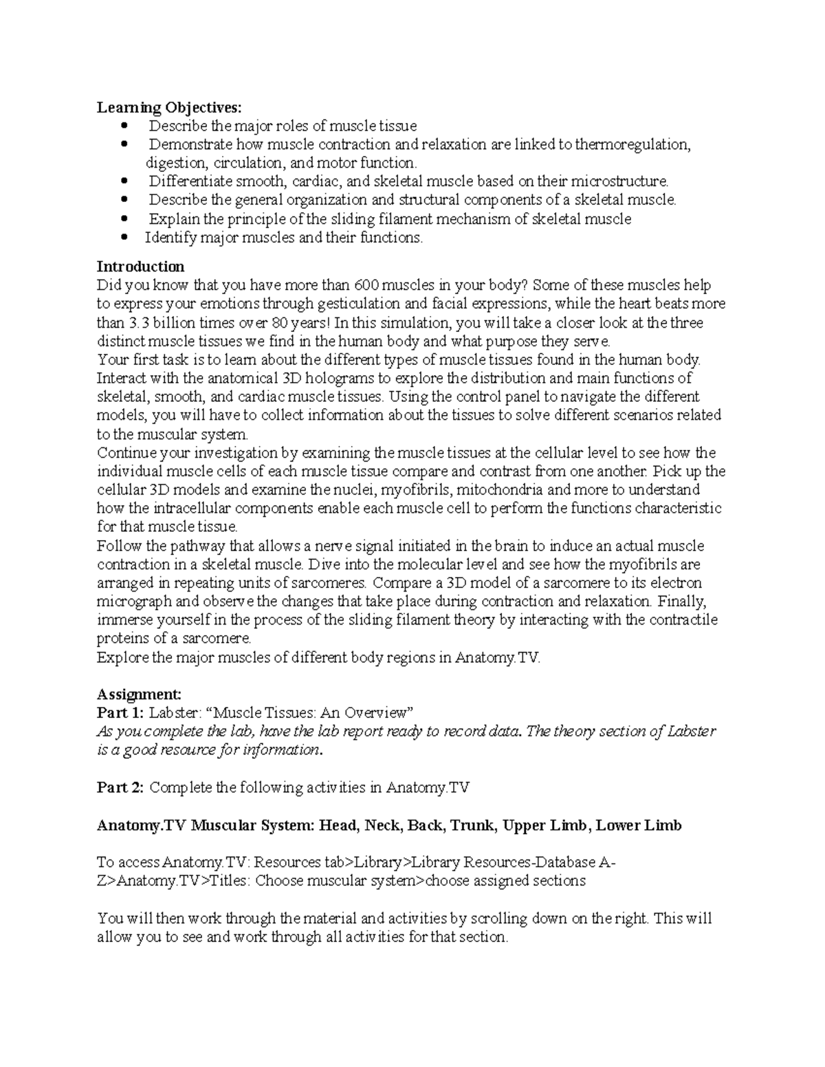 BIO252 Wk 1 Lab Muscular System - Learning Objectives: Describe the ...