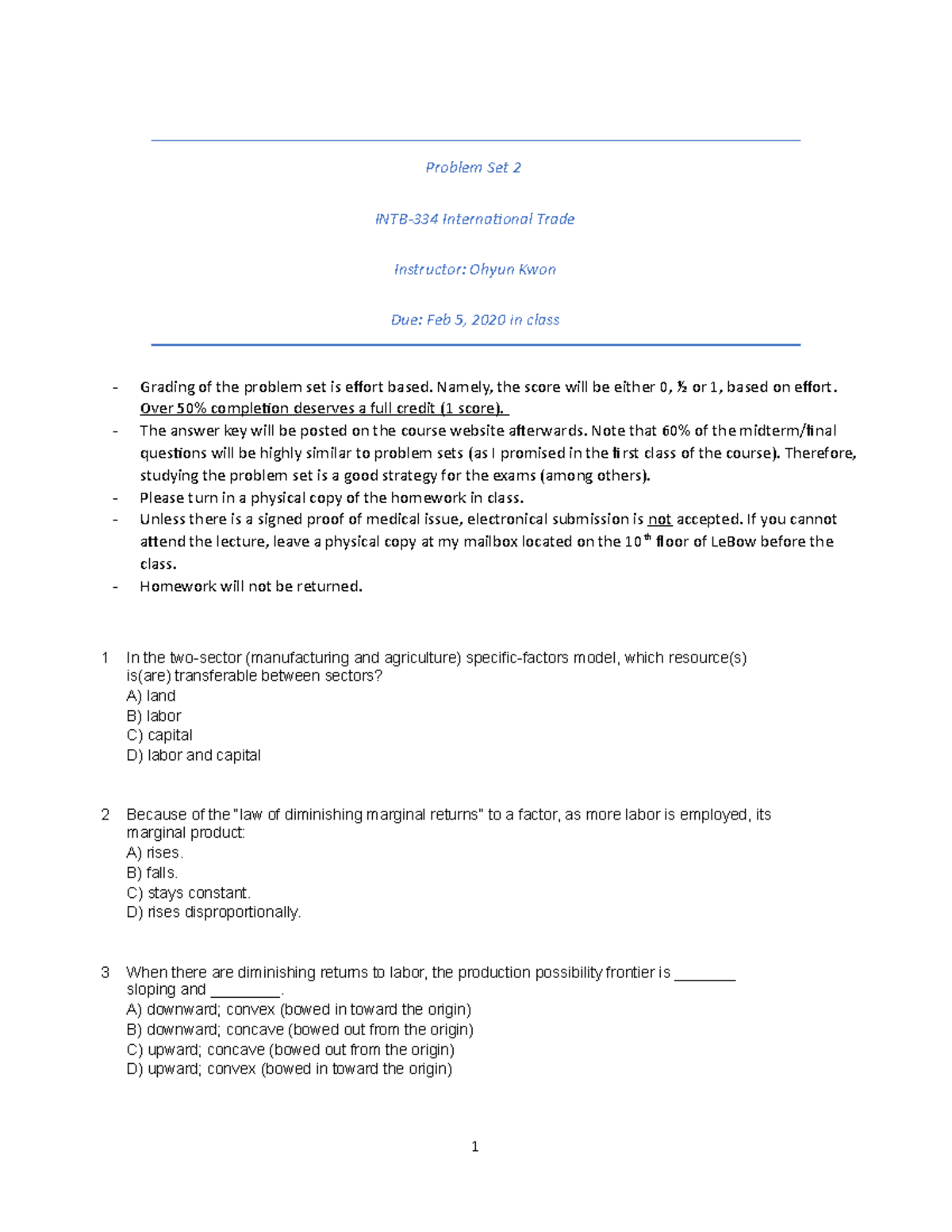 PS2 - Homework from Ohyun Kwon - Problem Set 2 INTB-334 International ...