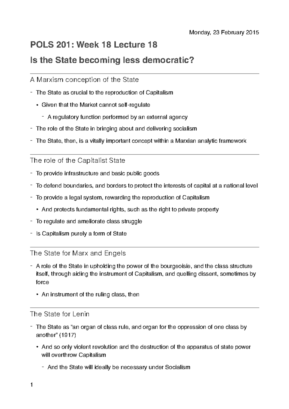 Week 18, Lecture 18: Is the State Becoming Less Democratic? - Monday ...