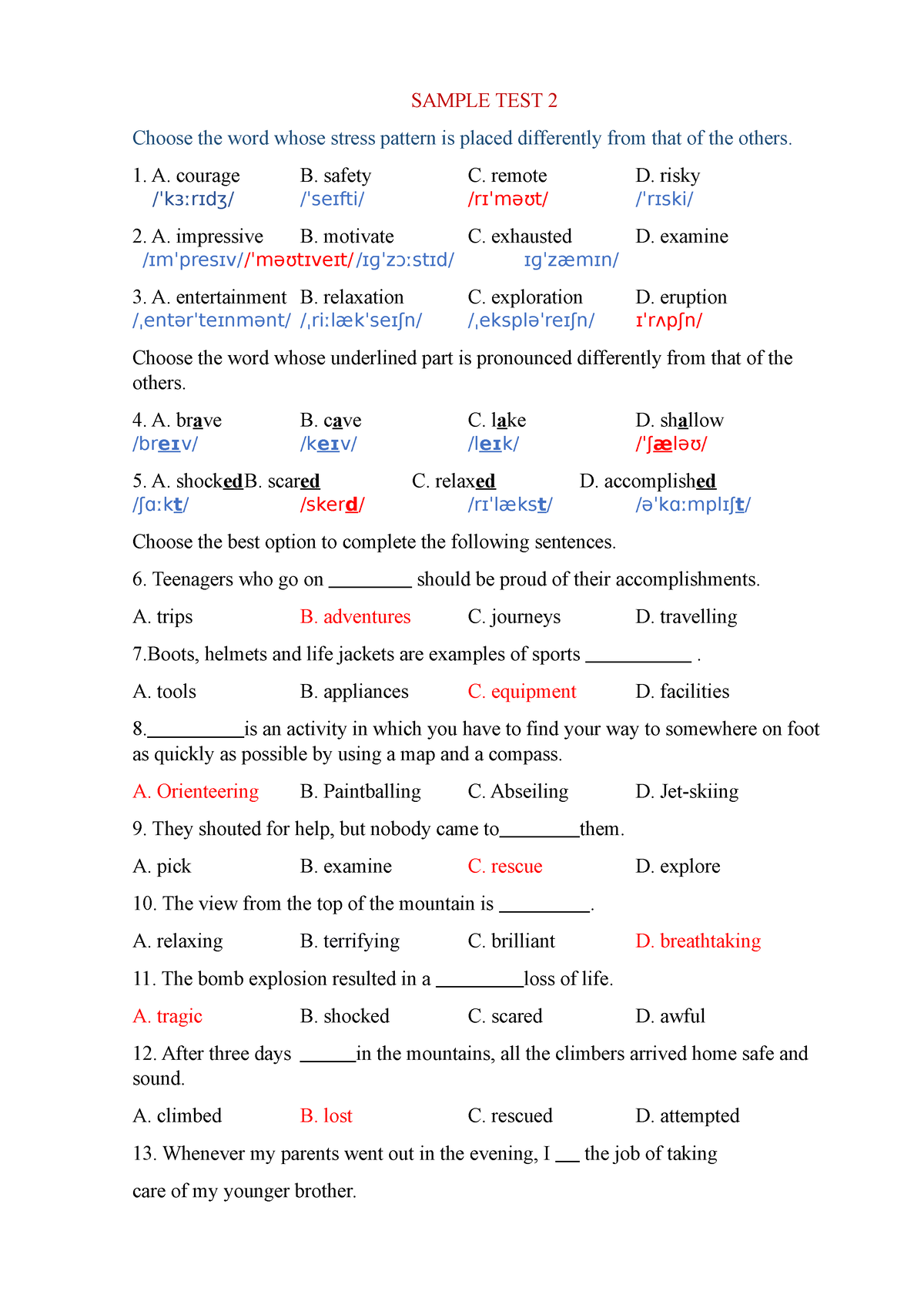 Answer Key 42- 45 - SAMPLE TEST 2 Choose The Word Whose Stress Pattern ...