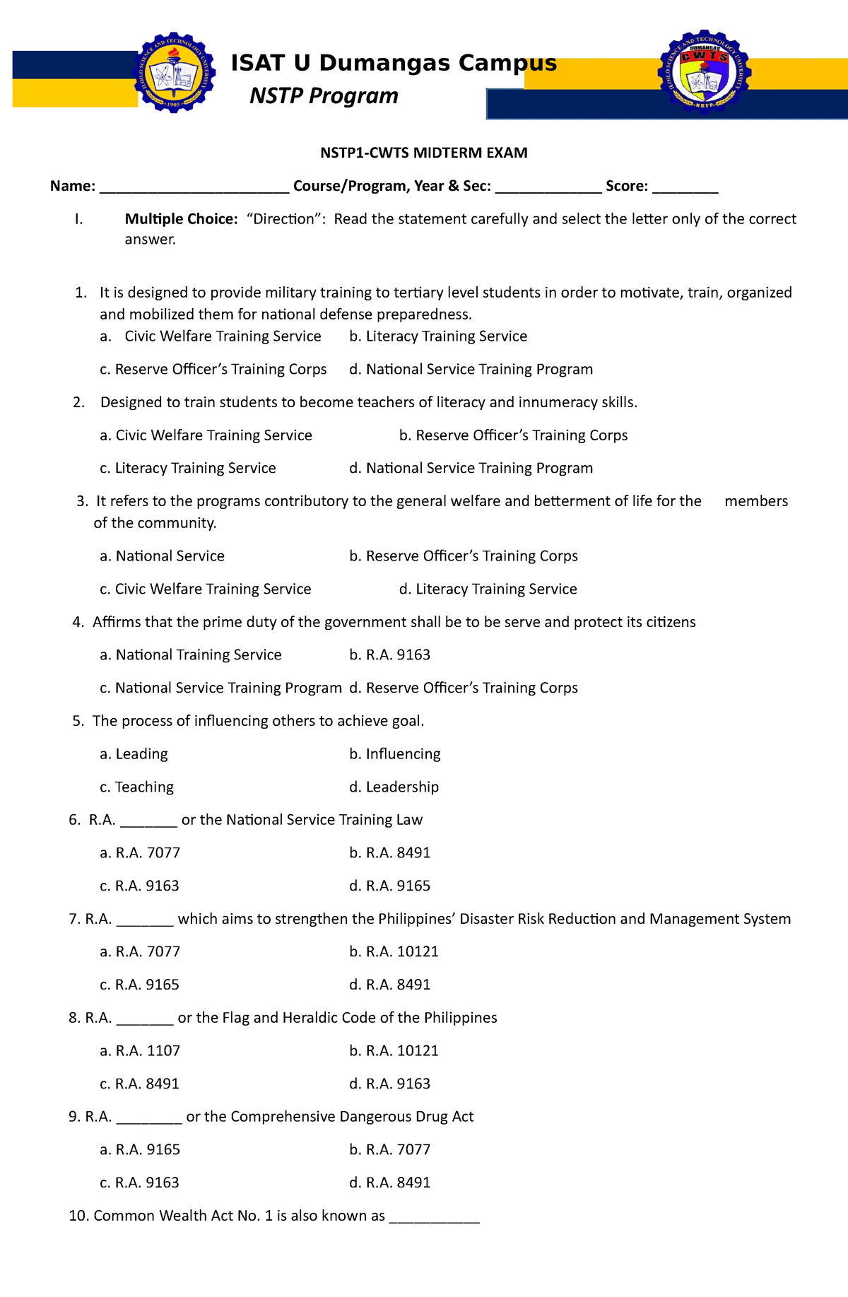 NSTP1-CWTS Midterm Examination Fist Sem. 2022-2023 - NSTP Program NSTP1 ...