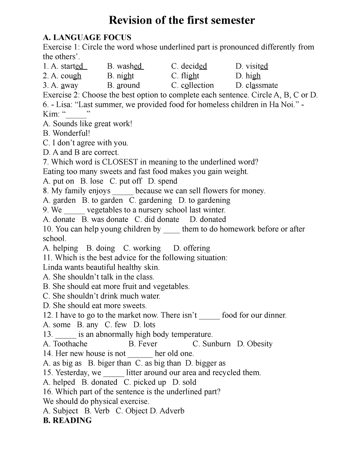 Revision Of The First Semester - LANGUAGE FOCUS Exercise 1: Circle The ...