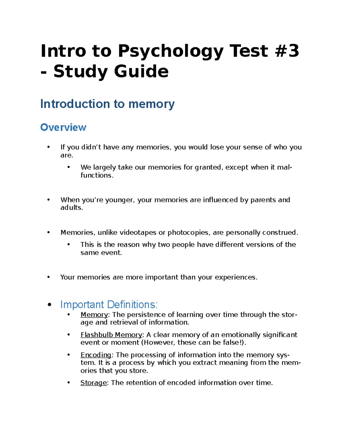 Intro To Psychology Test 3 Study Guide Intro To Psychology Test Intro To Psychology Test 3 Study Guide Intro To Psychology Test
