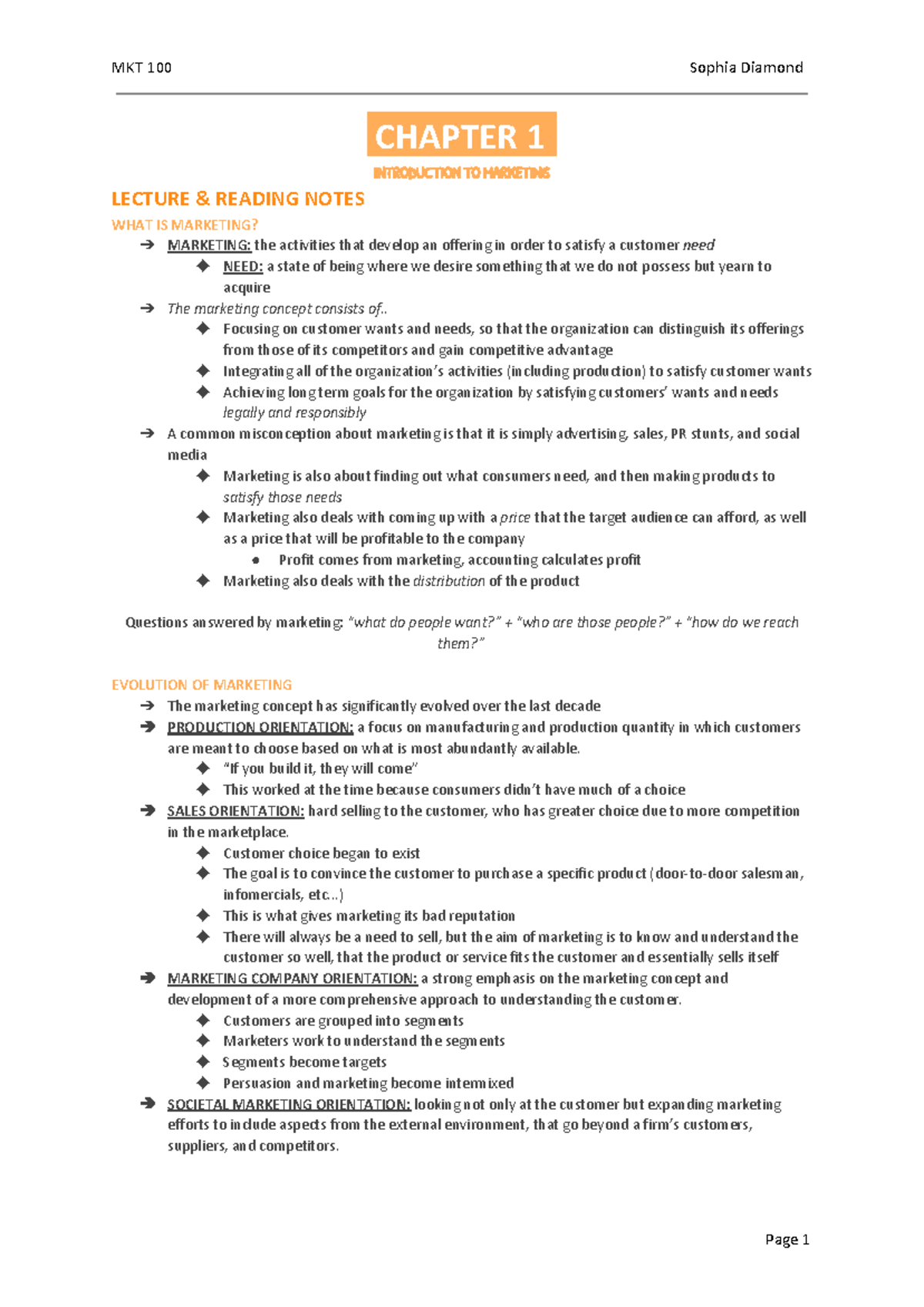 CHAP 1 - Lecture notes for Chapter Listed - MKT 100 Sophia Diamond ...