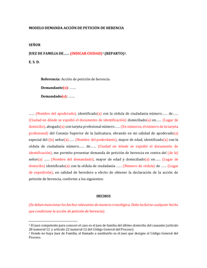Accion de peticion de herencia - MODELO DEMANDA ACCIÓN DE PETICIÓN DE  HERENCIA SEÑOR JUEZ DE FAMILIA - Studocu
