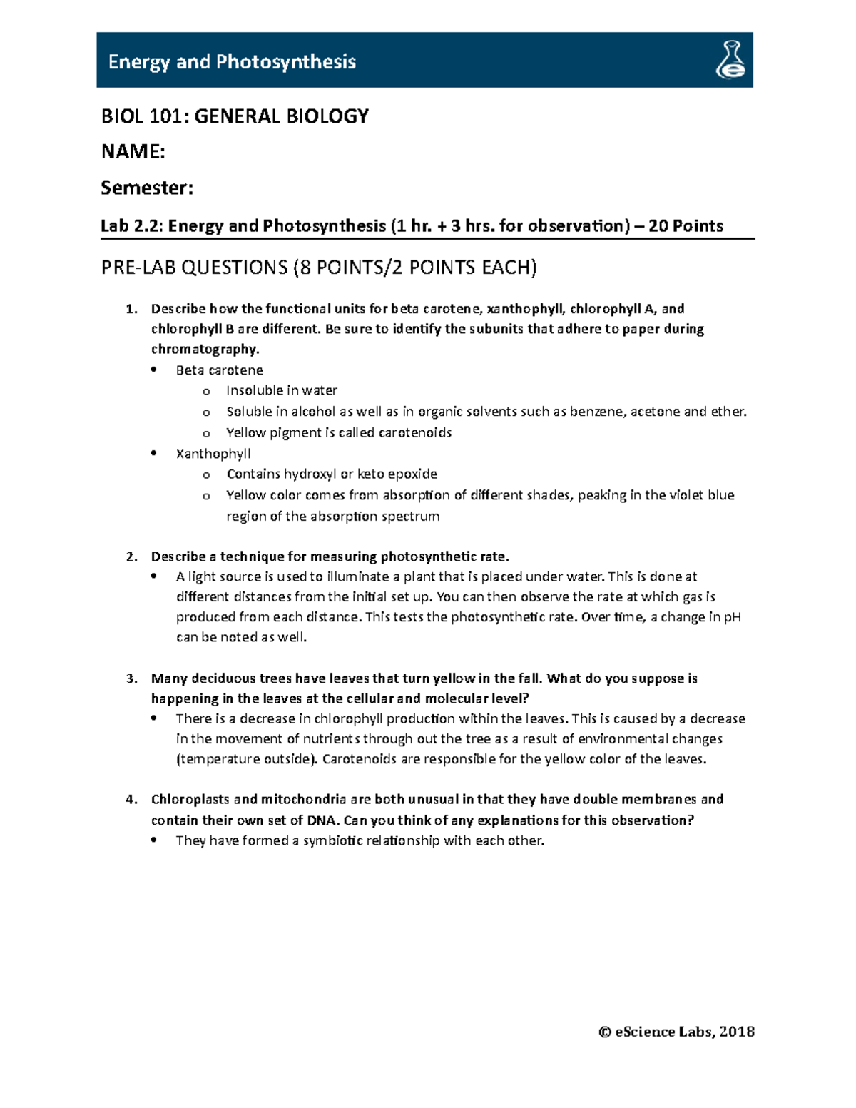 E Science Lab 2.2 Energy & Photosynthesis C. Frazier BIOL 101