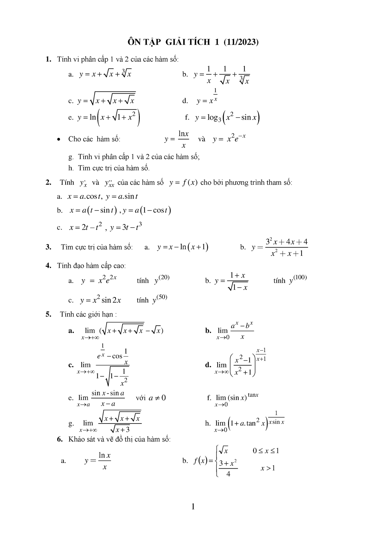 Ontap G 1 Ôn TẬp GiẢi TÍch 1 11 20 23 1 Tính Vi Phân Cấp 1 Và 2 Của Các Hàm Số A Y X