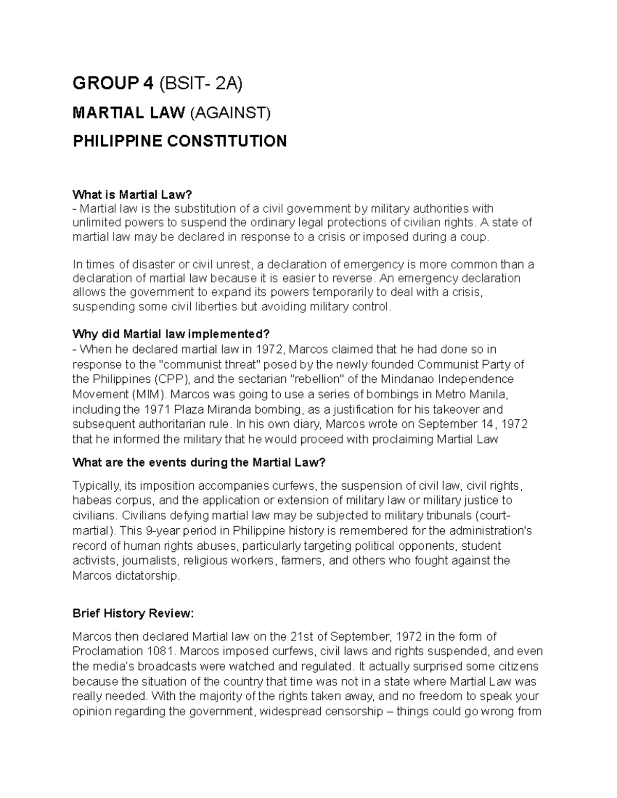 Group 4 Consti Martial LAW - GROUP 4 (BSIT- 2A) MARTIAL LAW (AGAINST ...