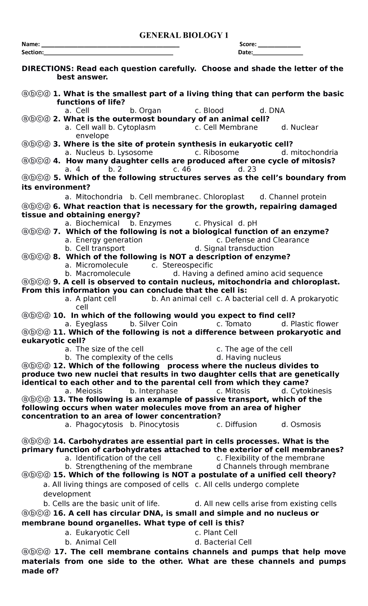 Genbio 1-Q1-EXAM - GENERAL BIOLOGY 1 Name ...