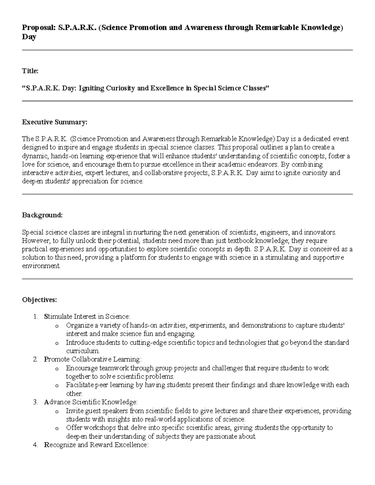 Special Science DAY - HELPFUL - Proposal: S.P.A.R. (Science Promotion ...